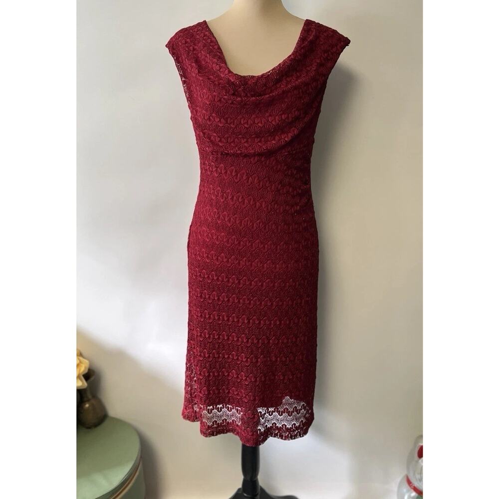 Retro Cowl Neck Midi Dress‎ Womens Sz 12 Red Lace Overlay Romantic Y2K Bodycon